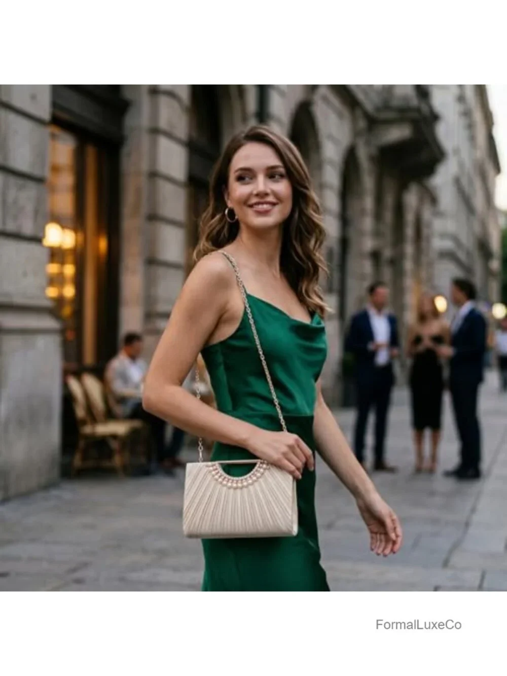 Pleated Satin Clutch Evening Bag Fits Large Smartphones Chain Strap